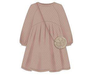 Vestido de felpa rosa y bolso nude